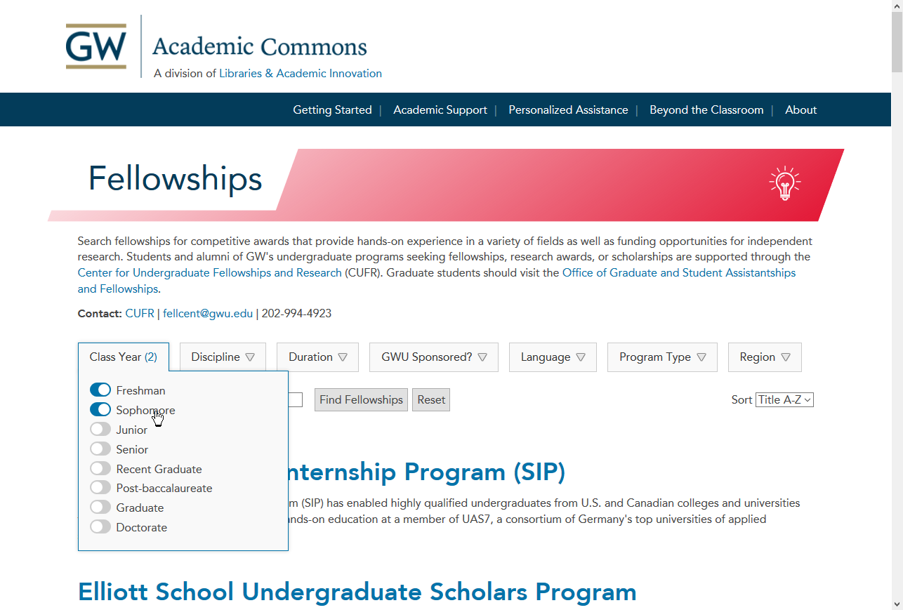 Fellowship discovery is guided by many filter and search possibilities designed to fit compactly above the result list while clearly communicating which filters have been applied.