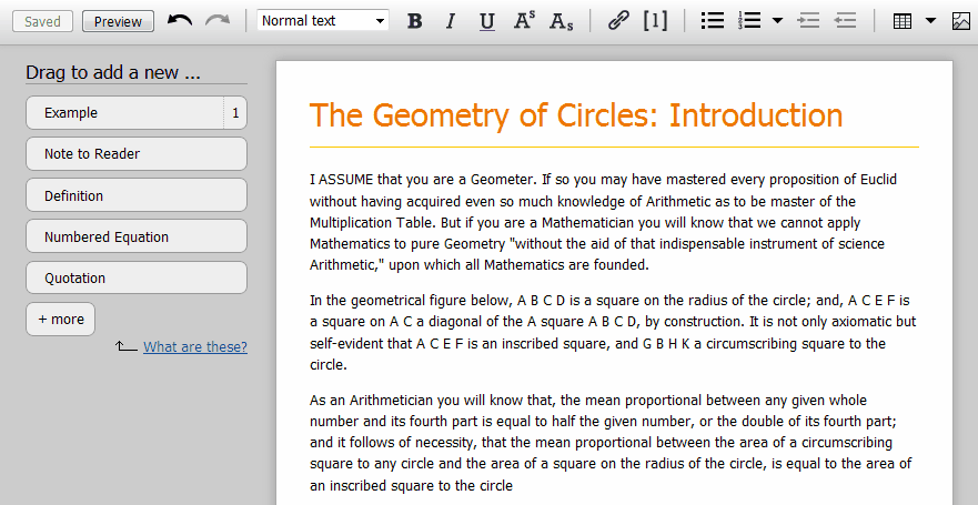 The math mini-editor allows authors to see the results of their ASCIIMath mark-up as they type. A "cheat sheet" helps with understanding or remembering the ASCIIMath mark-up.
